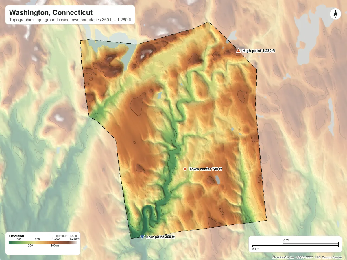 Topographic elevation map of Washington, Connecticut, shaded from 360 ft on the southwest side to 1,280 ft on Mount Tom