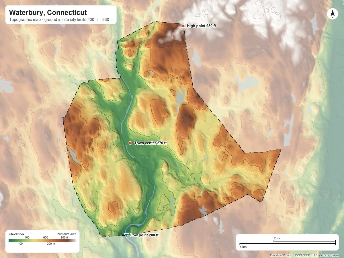 Topographic elevation map of Waterbury, Connecticut, shaded from 200 ft on the south side to 930 ft on the northeast side