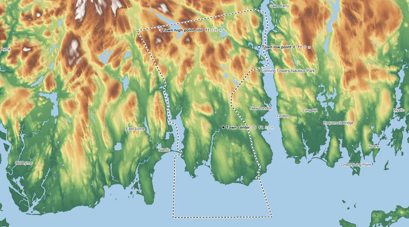 Topographic elevation map of Waterford, Connecticut, shaded from sea level level on Smith Cove to 400 ft on Morgan Hill