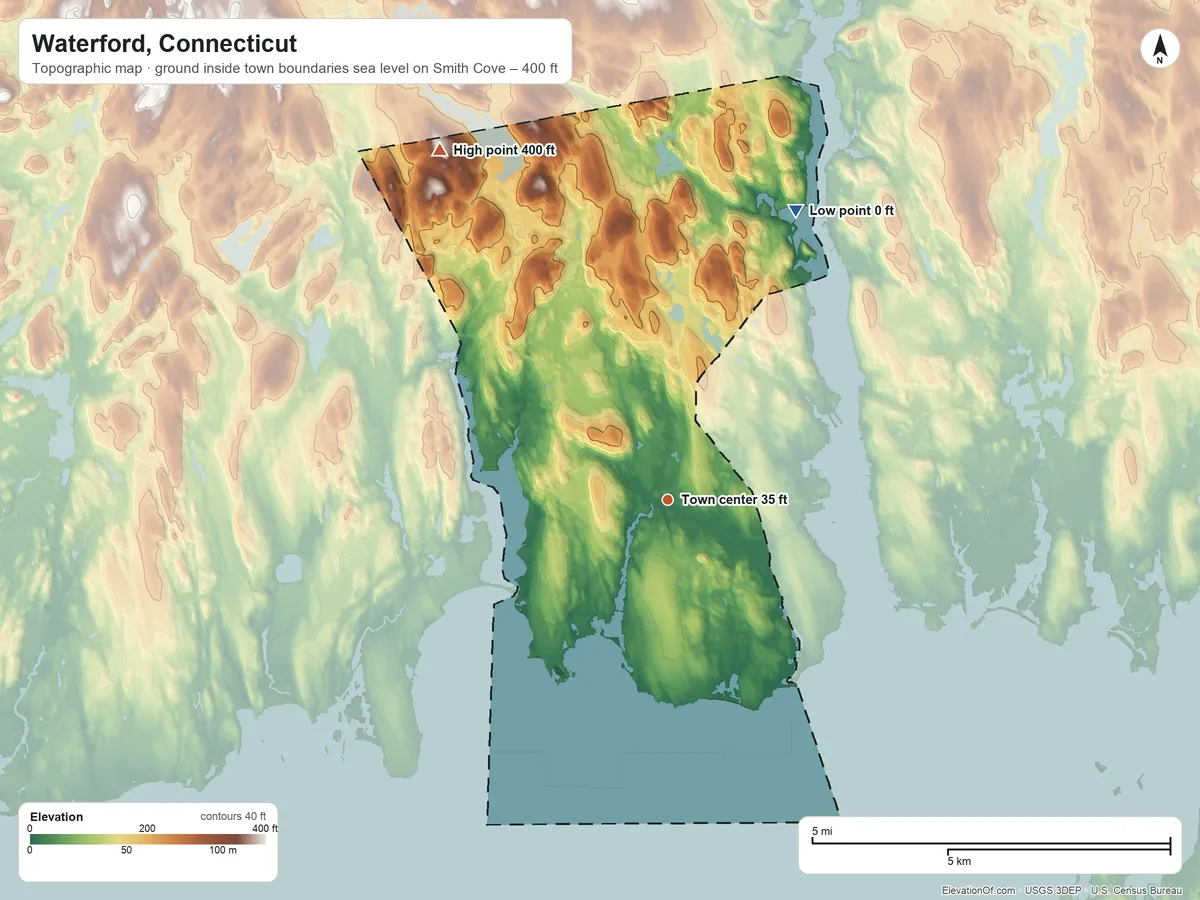 Topographic elevation map of Waterford, Connecticut, shaded from sea level level on Smith Cove to 400 ft on Morgan Hill
