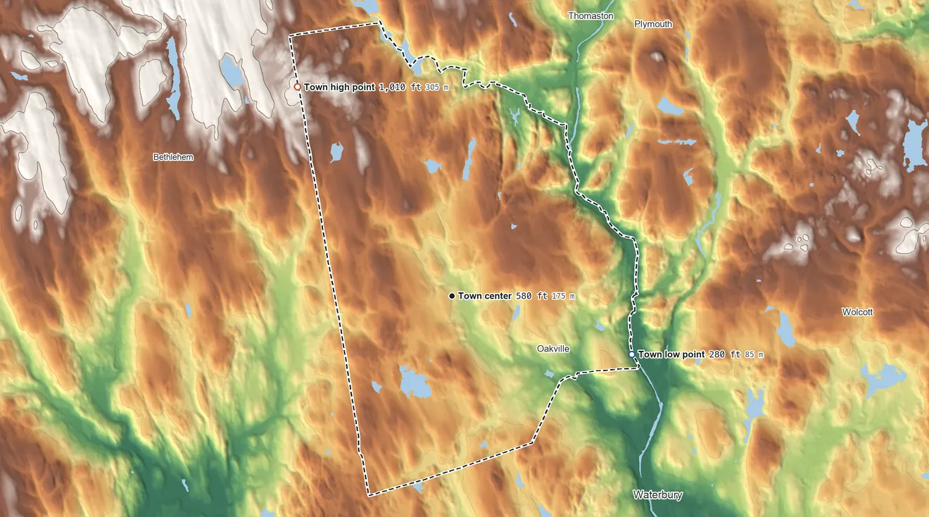 Topographic elevation map of Watertown, Connecticut, shaded from 280 ft on the east side to 1,010 ft on the northwest side
