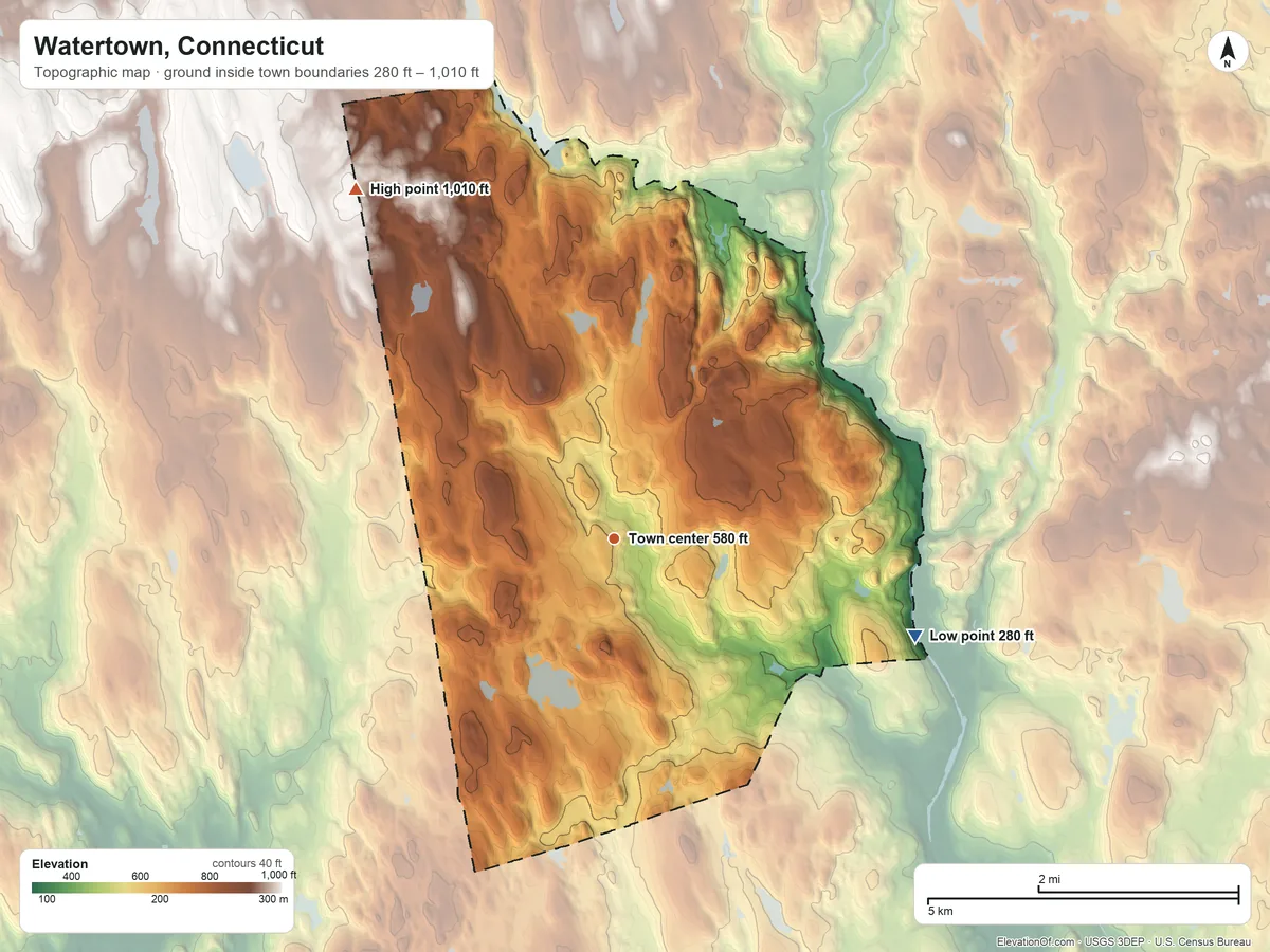 Topographic elevation map of Watertown, Connecticut, shaded from 280 ft on the east side to 1,010 ft on the northwest side