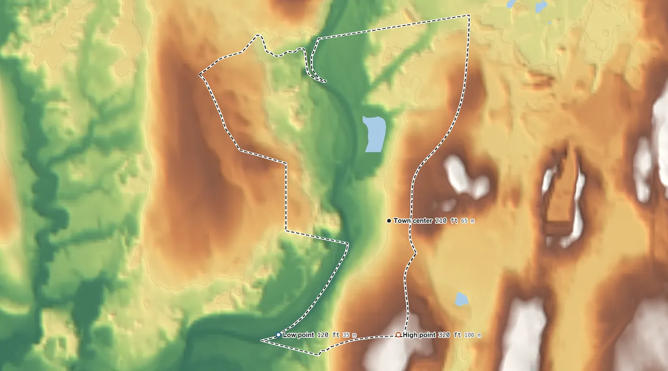 Topographic elevation map of Wauregan, Connecticut, shaded from 120 ft on the southwest side to 320 ft on the south edge, below higher ground just outside