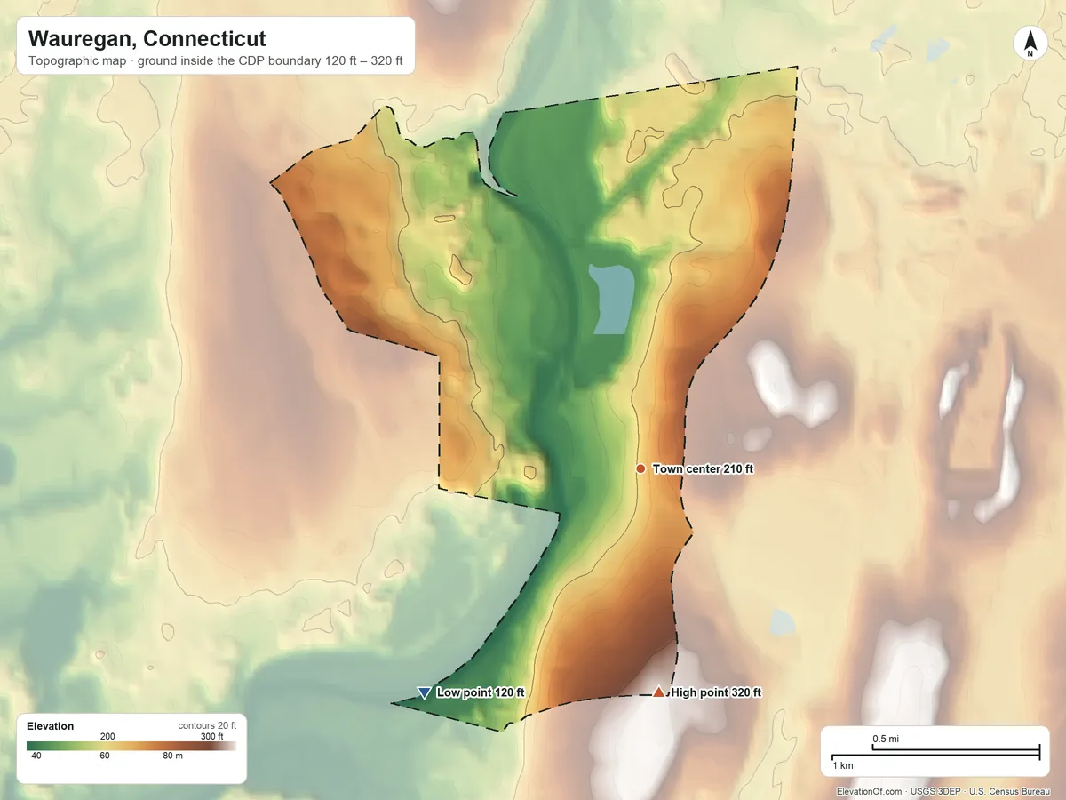Topographic elevation map of Wauregan, Connecticut, shaded from 120 ft on the southwest side to 320 ft on the south edge, below higher ground just outside