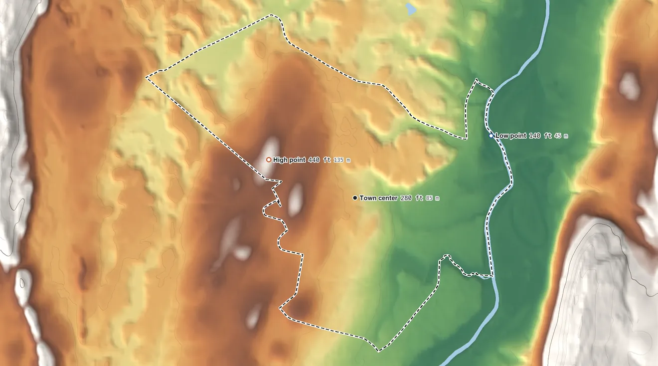 Topographic elevation map of Weatogue, Connecticut, shaded from 140 ft on the northeast side to 440 ft on Bushy Hill