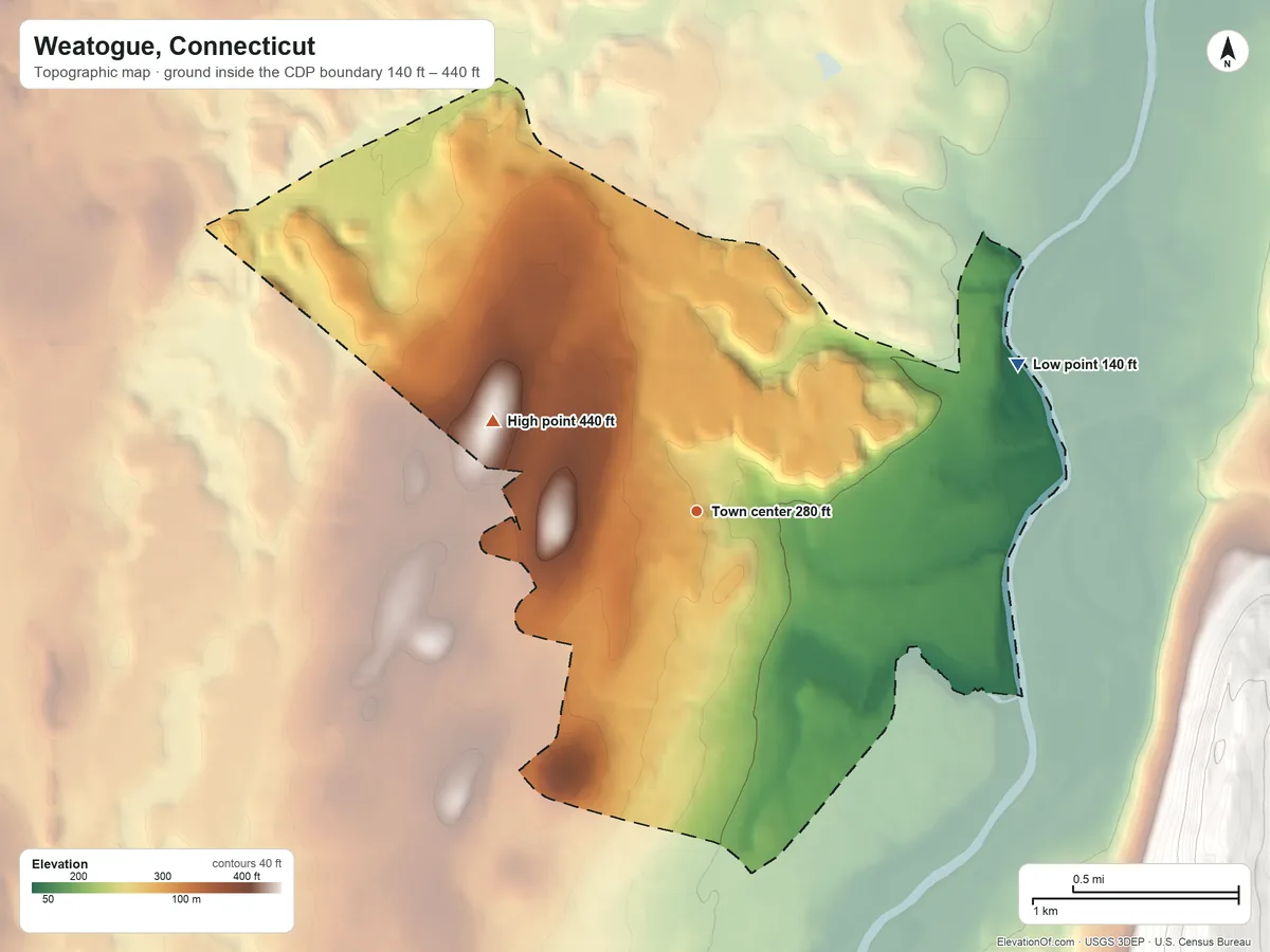 Topographic elevation map of Weatogue, Connecticut, shaded from 140 ft on the northeast side to 440 ft on Bushy Hill