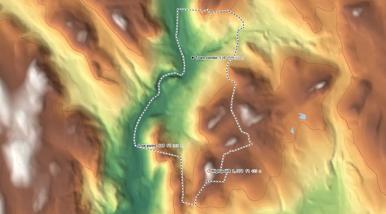 Topographic elevation map of West Cornwall, Connecticut, shaded from 480 ft on the southwest side to 1,370 ft on Buck Mountain