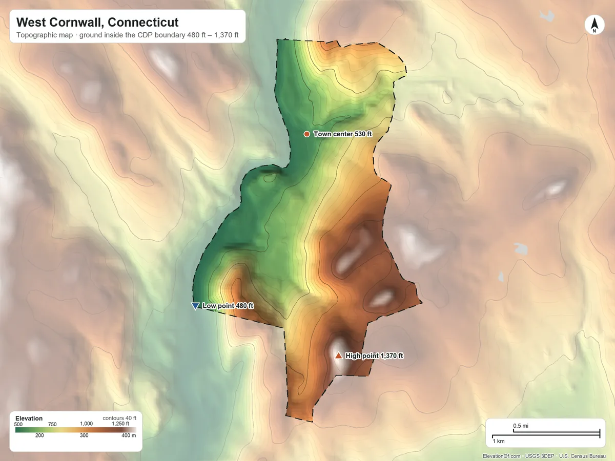 Topographic elevation map of West Cornwall, Connecticut, shaded from 480 ft on the southwest side to 1,370 ft on Buck Mountain