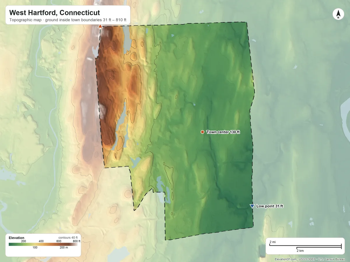 Topographic elevation map of West Hartford, Connecticut, shaded from 31 ft on the southeast side to 810 ft on the northwest side