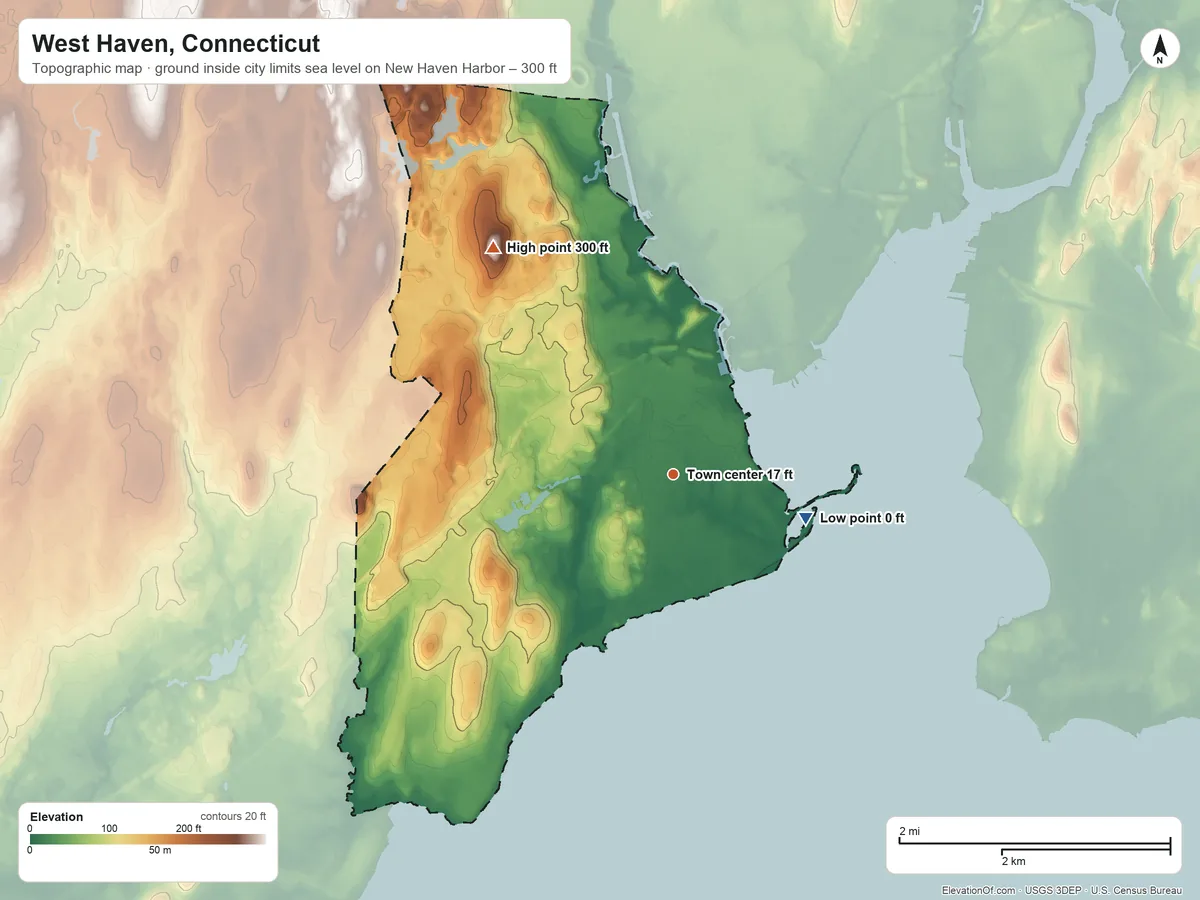 Topographic elevation map of West Haven, Connecticut, shaded from sea level level on New Haven Harbor to 300 ft on Allington Hill