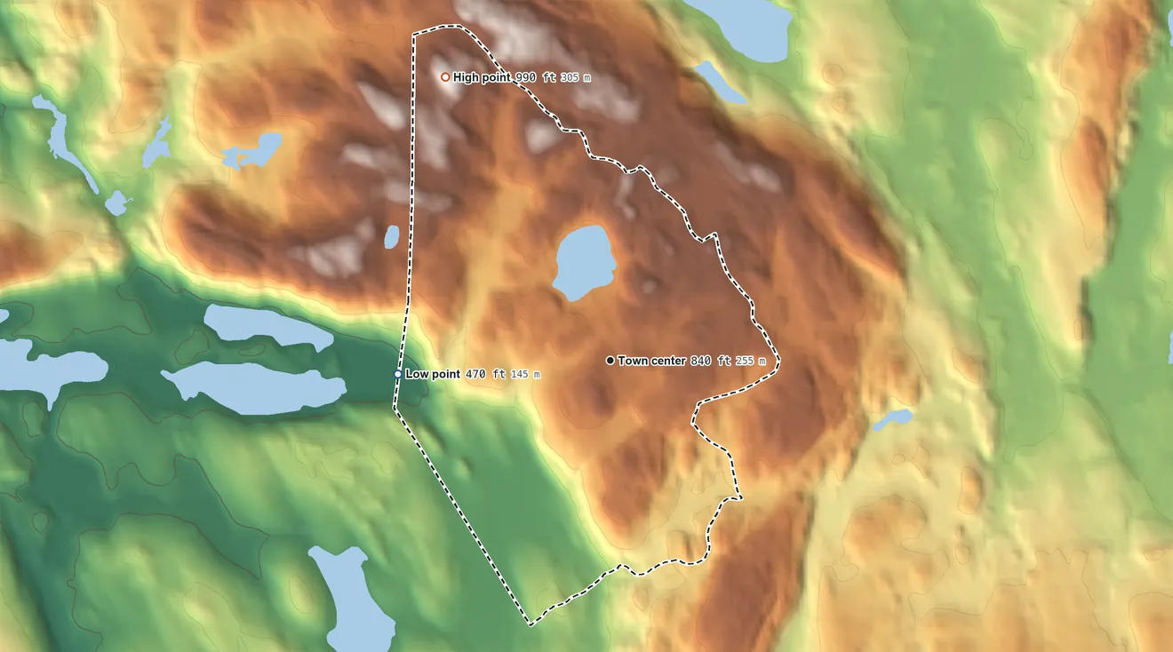 Topographic elevation map of West Mountain, Connecticut, shaded from 470 ft on the west side to 990 ft on the northwest side