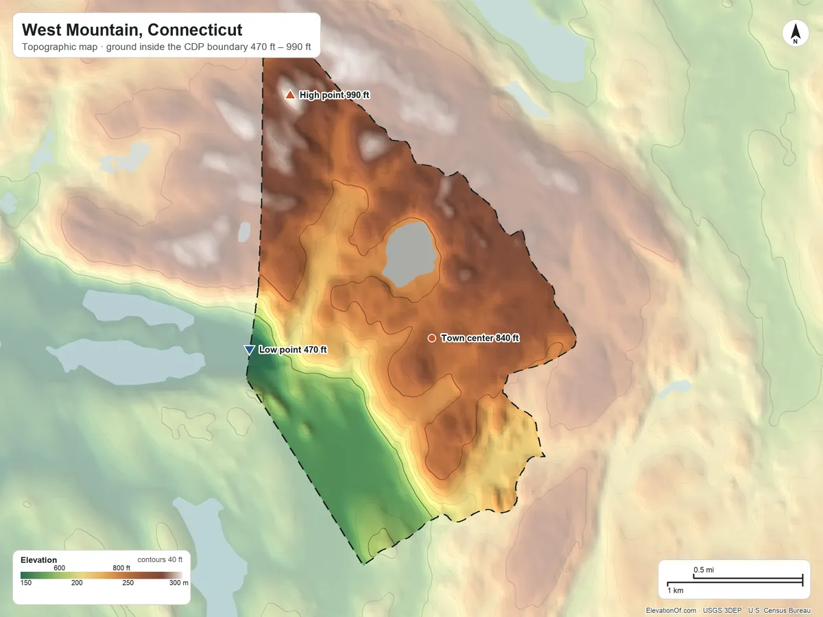 Topographic elevation map of West Mountain, Connecticut, shaded from 470 ft on the west side to 990 ft on the northwest side