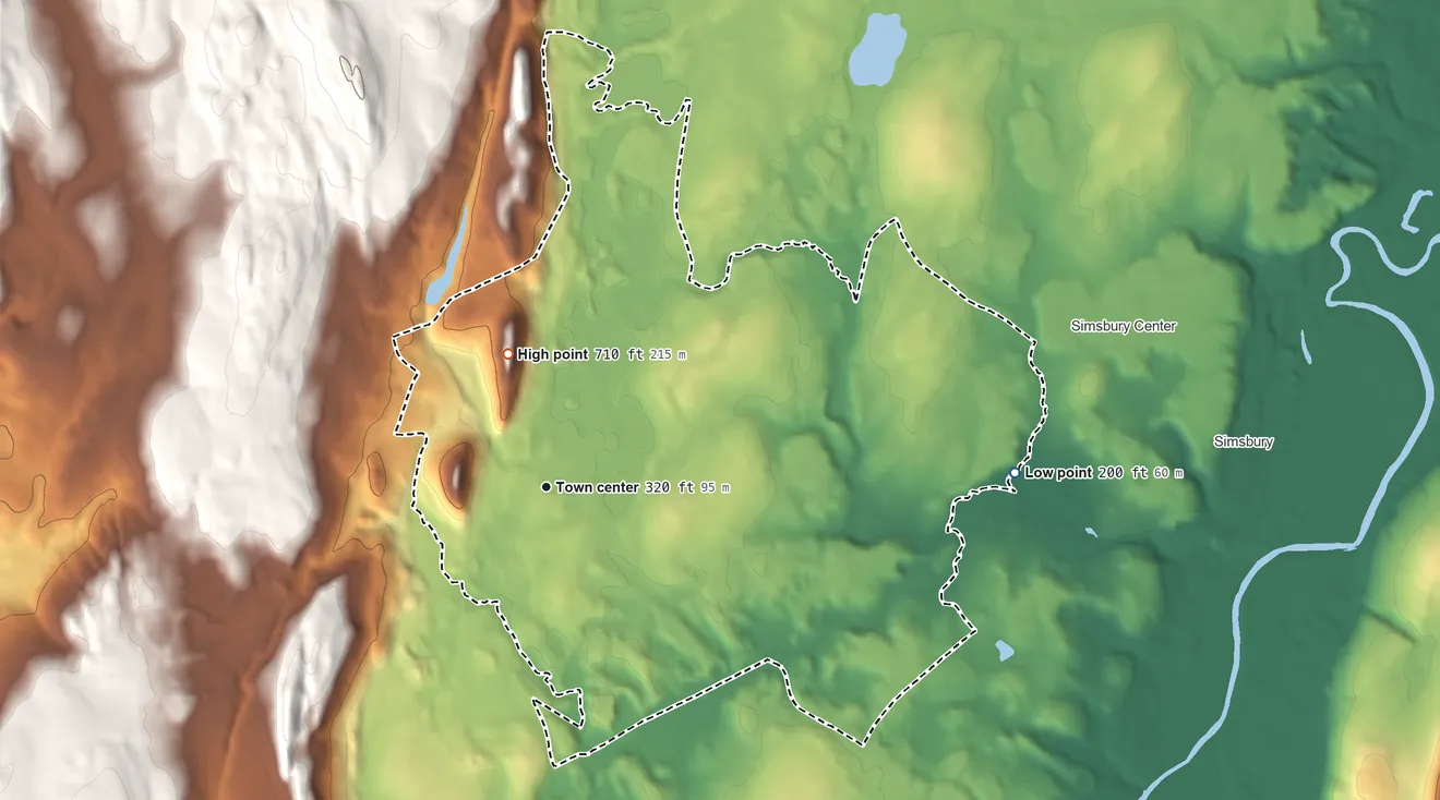 Topographic elevation map of West Simsbury, Connecticut, shaded from 200 ft on the east side to 710 ft on The Hedgehog