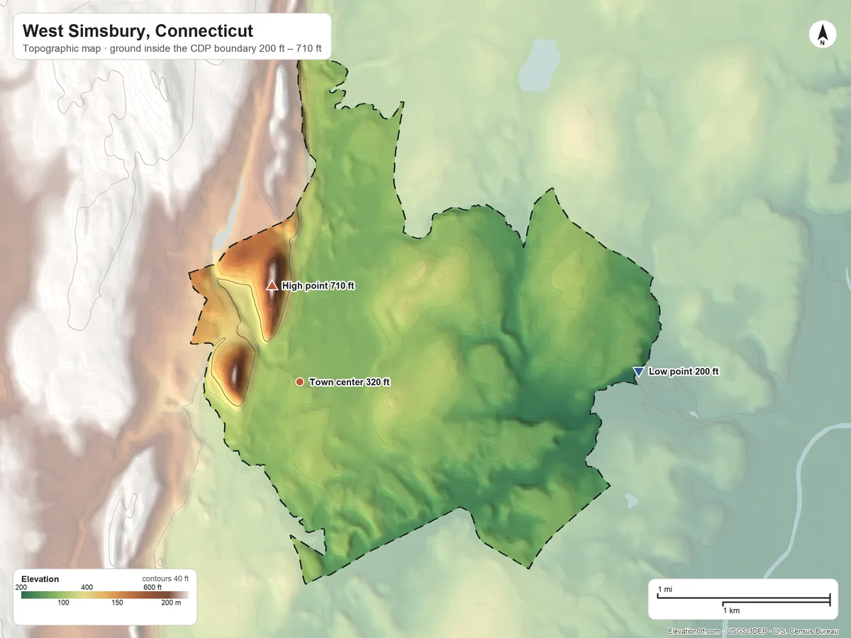 Topographic elevation map of West Simsbury, Connecticut, shaded from 200 ft on the east side to 710 ft on The Hedgehog