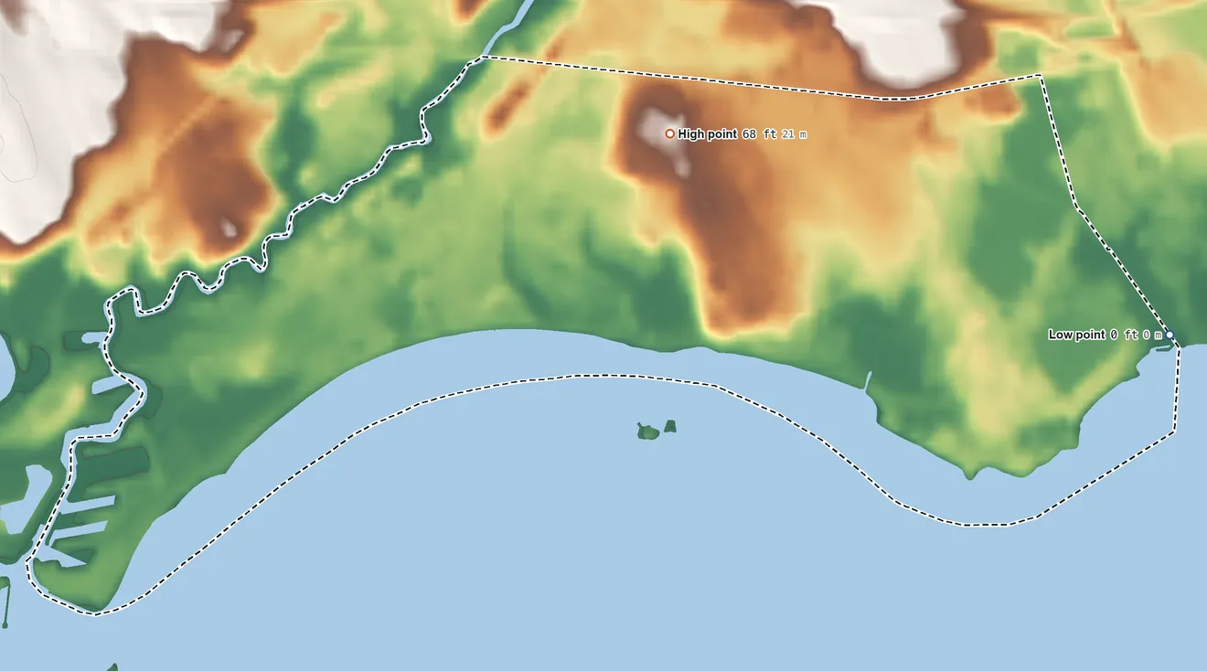 Topographic elevation map of Westbrook Center, Connecticut, shaded from sea level level on Long Island Sound to 68 ft on the north side