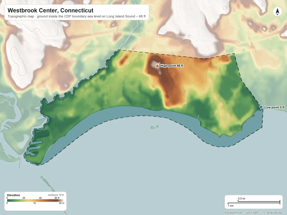 Topographic elevation map of Westbrook Center, Connecticut, shaded from sea level level on Long Island Sound to 68 ft on the north side