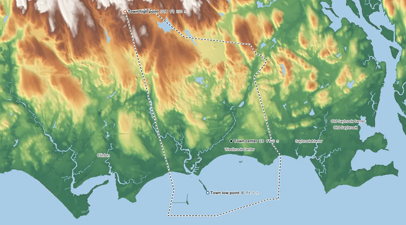 Topographic elevation map of Westbrook, Connecticut, shaded from sea level level on Long Island Sound to 320 ft on the northwest side