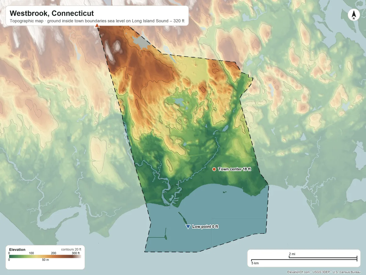Topographic elevation map of Westbrook, Connecticut, shaded from sea level level on Long Island Sound to 320 ft on the northwest side
