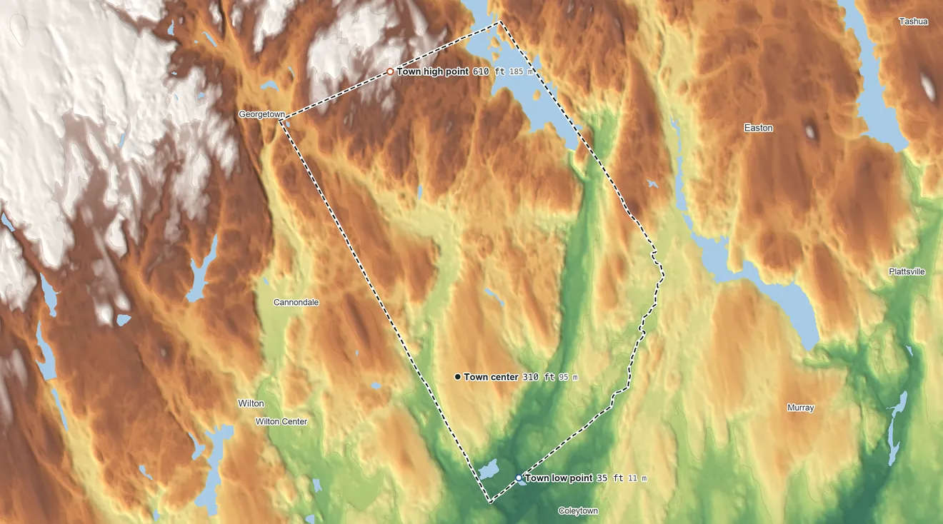 Topographic elevation map of Weston, Connecticut, shaded from 35 ft on the southeast side to 610 ft on the north side