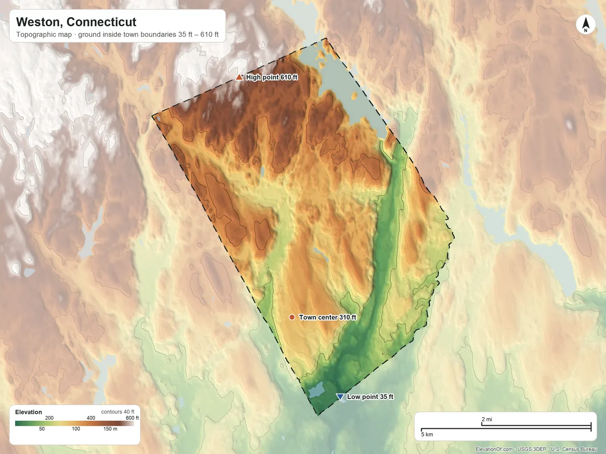 Topographic elevation map of Weston, Connecticut, shaded from 35 ft on the southeast side to 610 ft on the north side
