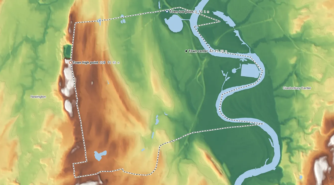 Topographic elevation map of Wethersfield, Connecticut, shaded from 3 ft on the northwest side to 320 ft on the west side