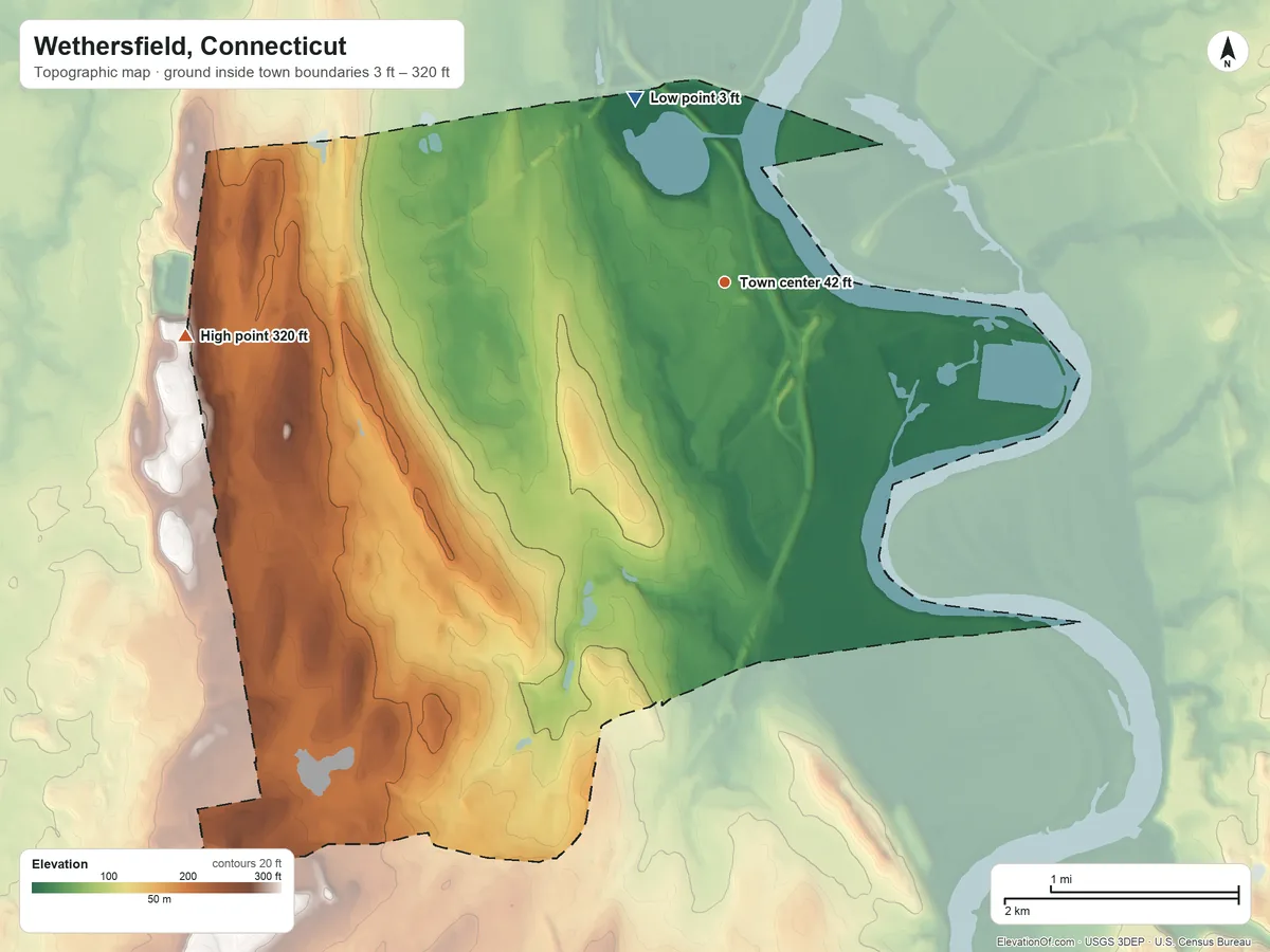 Topographic elevation map of Wethersfield, Connecticut, shaded from 3 ft on the northwest side to 320 ft on the west side