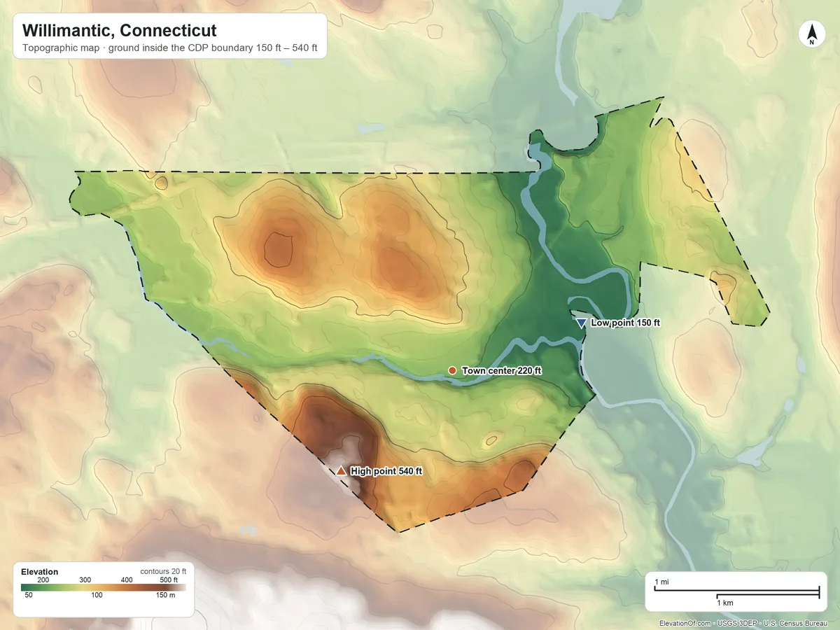 Topographic elevation map of Willimantic, Connecticut, shaded from 150 ft on the east side to 540 ft on the southwest side