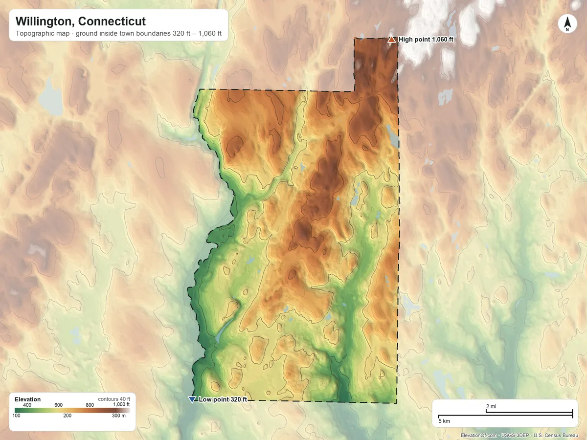 Topographic elevation map of Willington, Connecticut, shaded from 320 ft on the southwest side to 1,060 ft on the northeast side