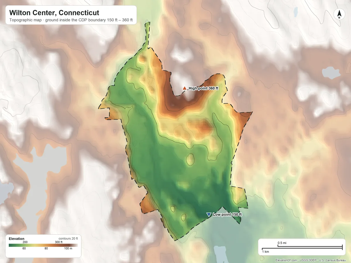 Topographic elevation map of Wilton Center, Connecticut, shaded from 150 ft on the southeast side to 360 ft on the northeast side