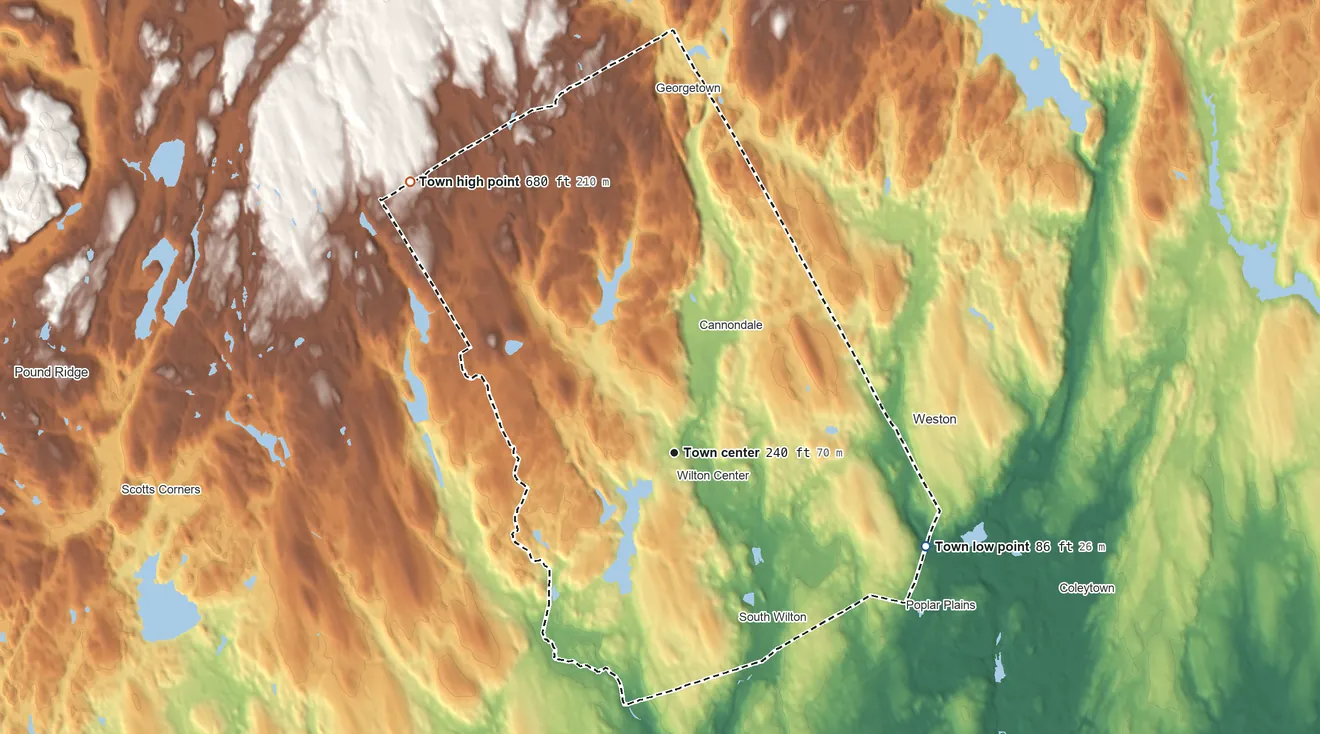 Topographic elevation map of Wilton, Connecticut, shaded from 86 ft on the east side to 680 ft on the northwest side