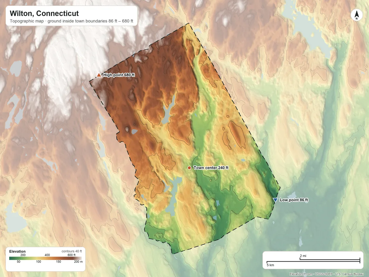 Topographic elevation map of Wilton, Connecticut, shaded from 86 ft on the east side to 680 ft on the northwest side