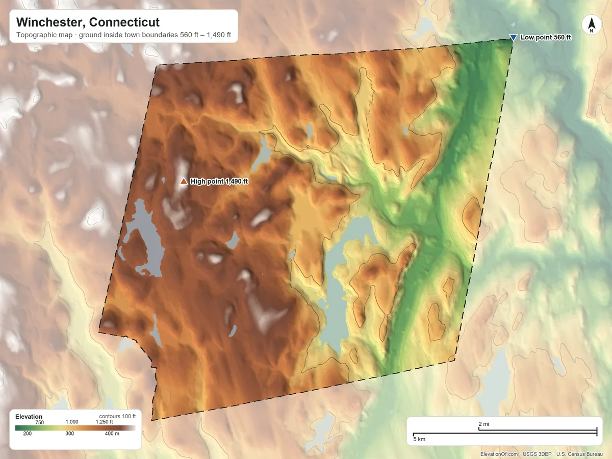 Topographic elevation map of Winchester, Connecticut, shaded from 560 ft on the northeast side to 1,490 ft on the west side