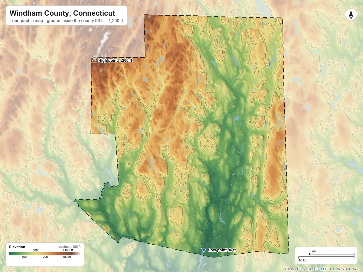Topographic elevation map of Windham County, Connecticut, shaded from 96 ft on the south side to 1,200 ft on Snow Hill