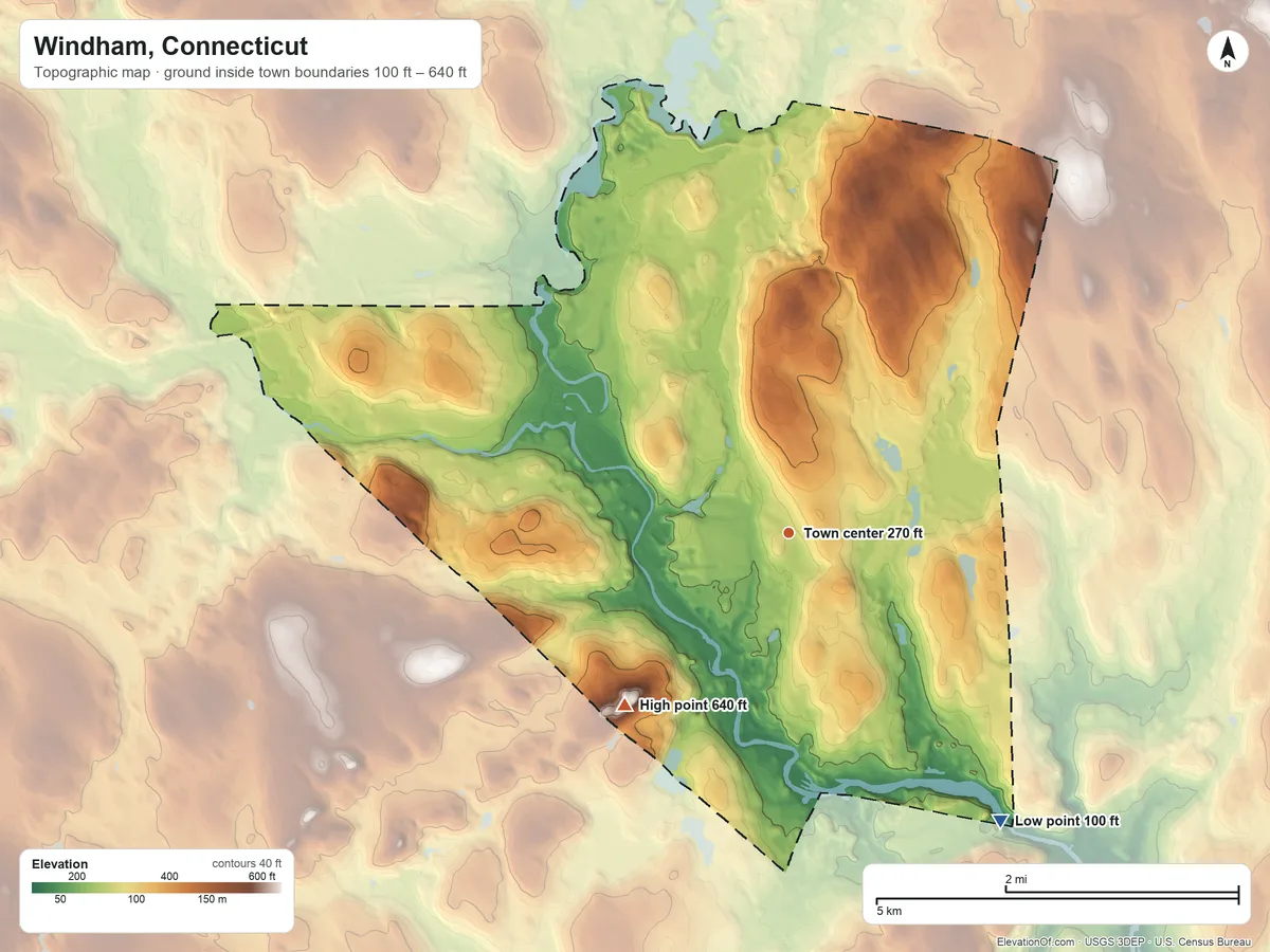 Topographic elevation map of Windham, Connecticut, shaded from 100 ft on the southeast side to 640 ft on Obwebetuck Hill
