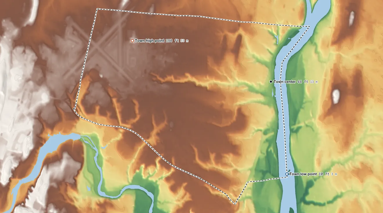 Topographic elevation map of Windsor Locks, Connecticut, shaded from 10 ft on the south side to 180 ft on the west side