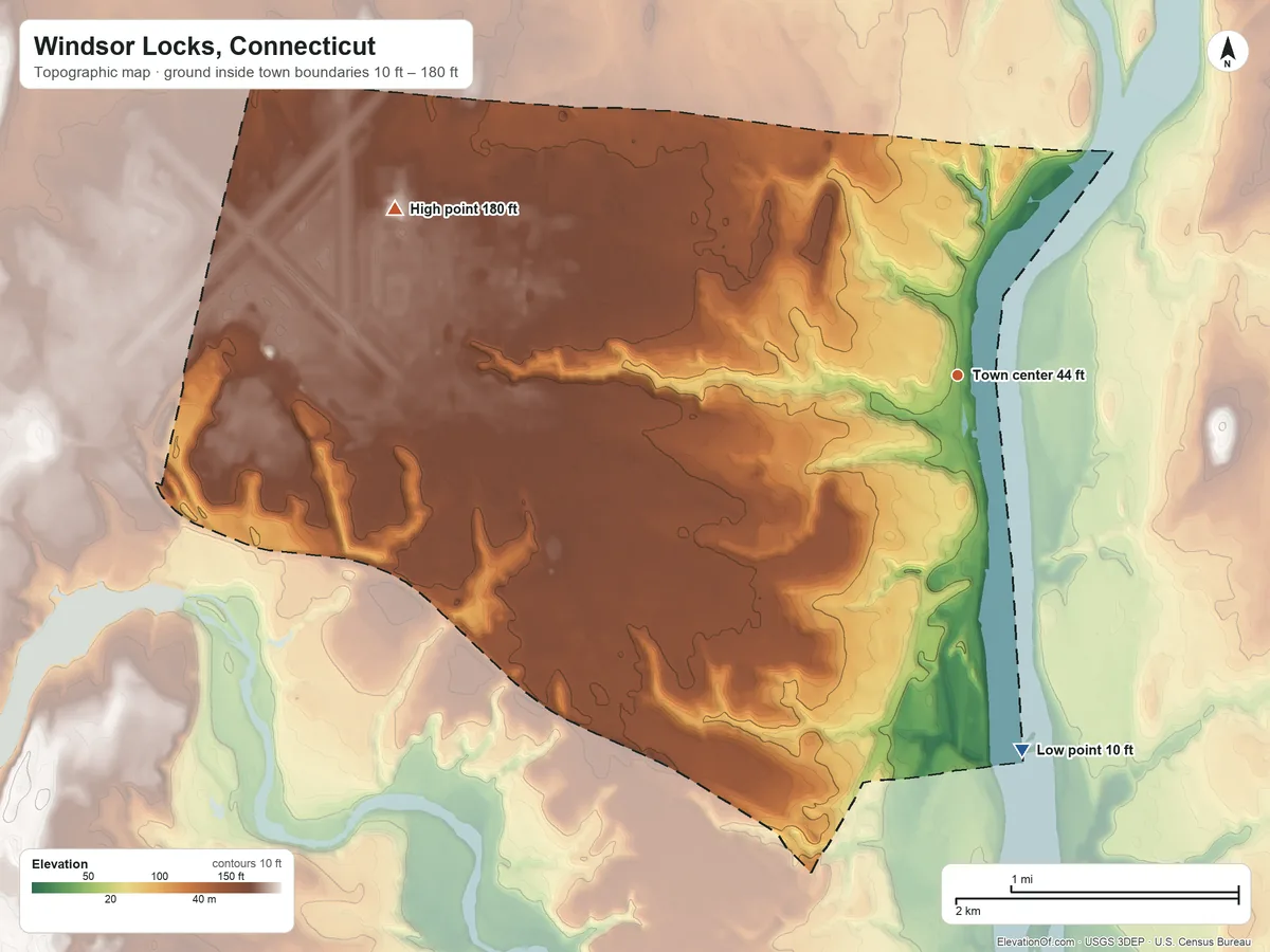 Topographic elevation map of Windsor Locks, Connecticut, shaded from 10 ft on the south side to 180 ft on the west side