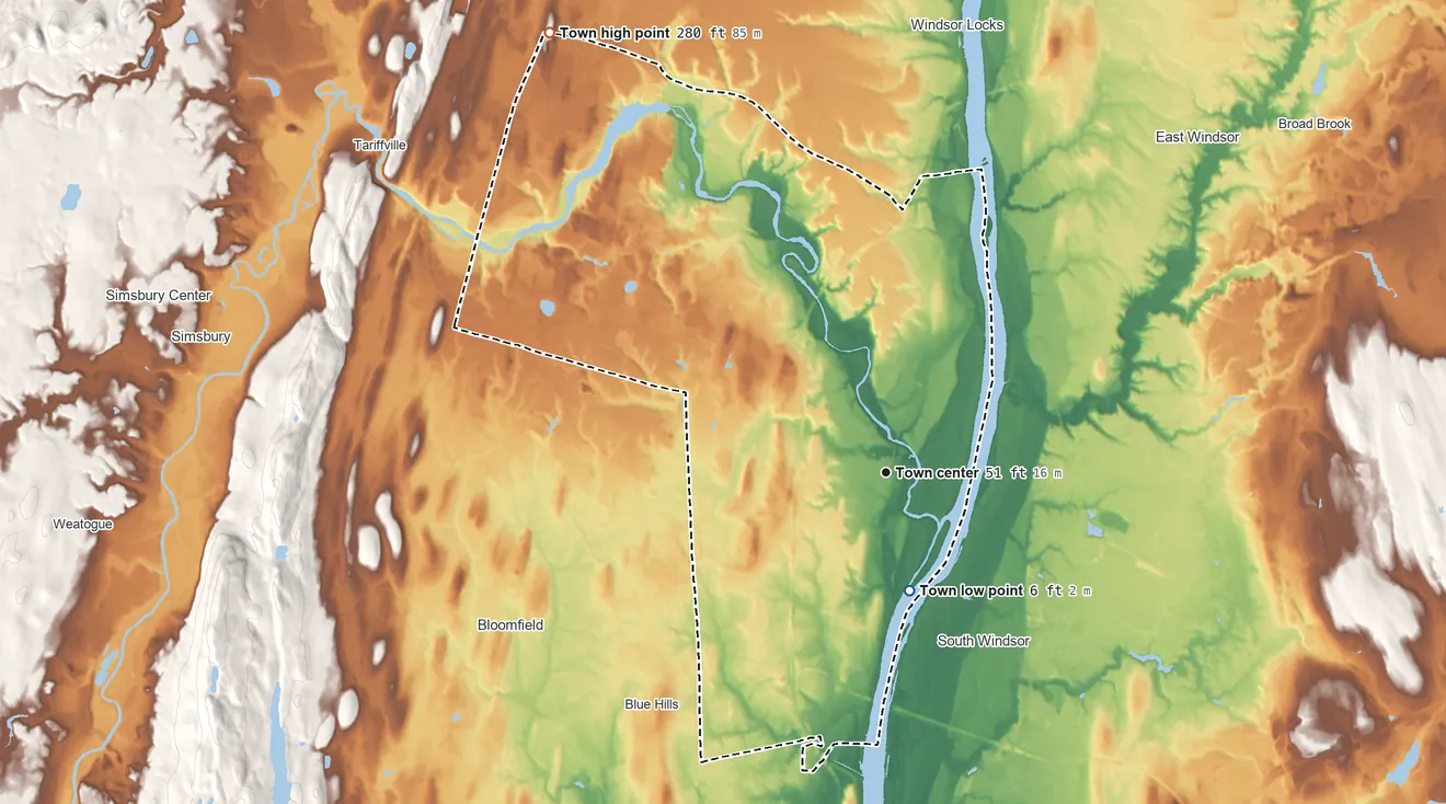 Topographic elevation map of Windsor, Connecticut, shaded from 6 ft on the south side to 280 ft on the northwest side