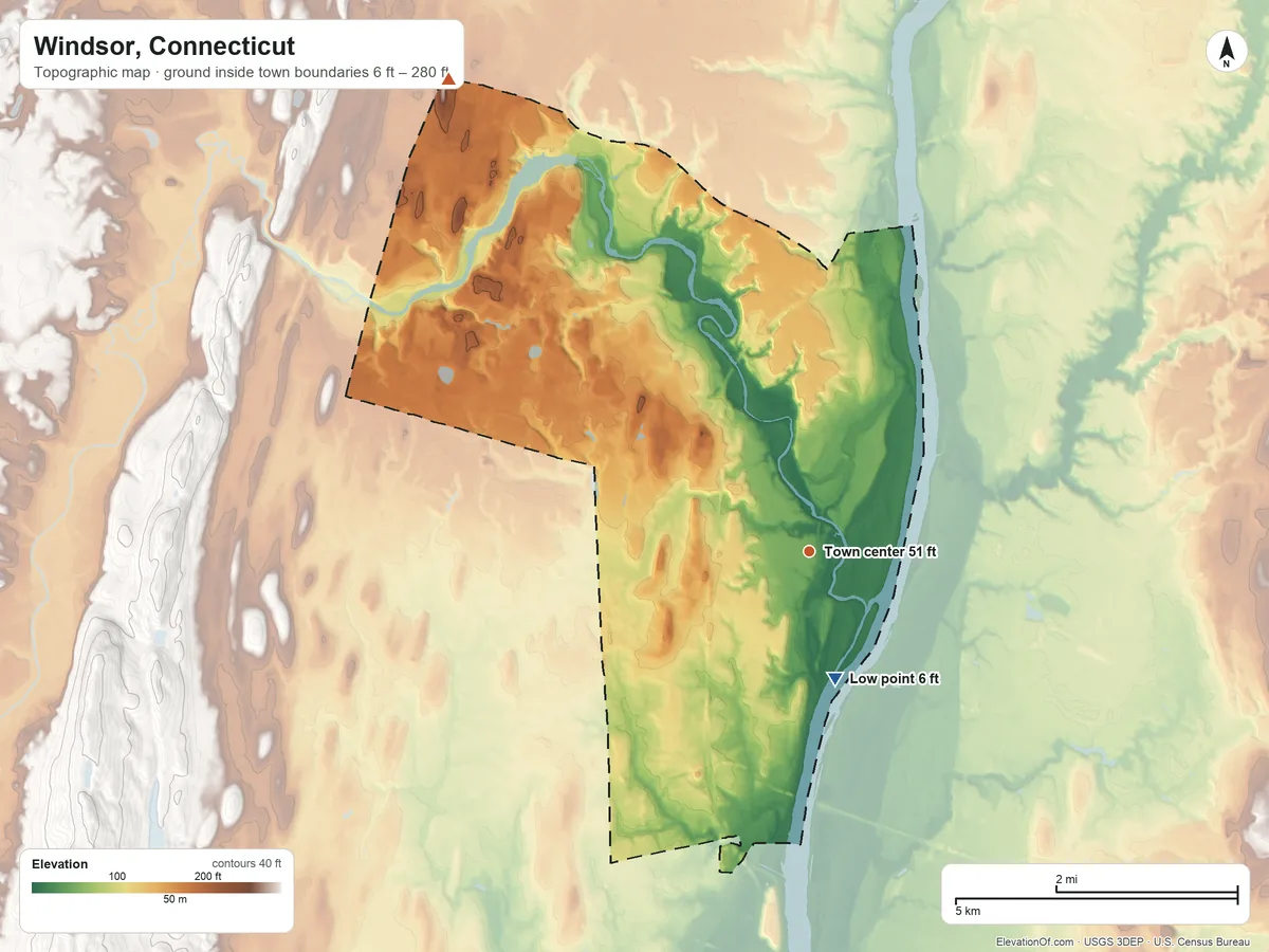 Topographic elevation map of Windsor, Connecticut, shaded from 6 ft on the south side to 280 ft on the northwest side