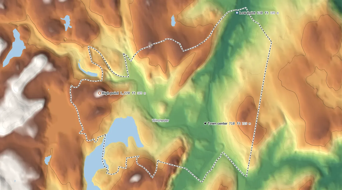 Topographic elevation map of Winsted, Connecticut, shaded from 630 ft on the north side to 1,270 ft on the west side