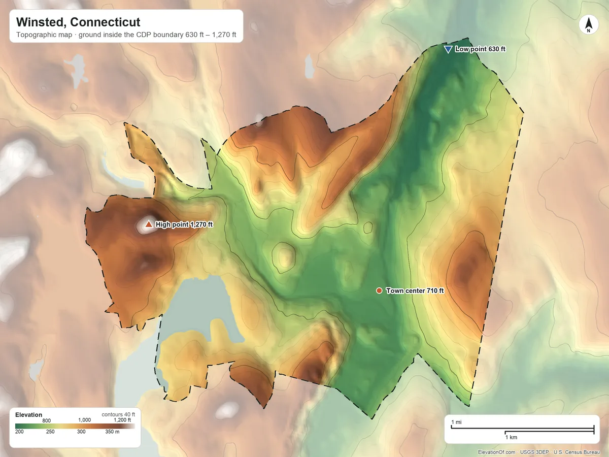 Topographic elevation map of Winsted, Connecticut, shaded from 630 ft on the north side to 1,270 ft on the west side