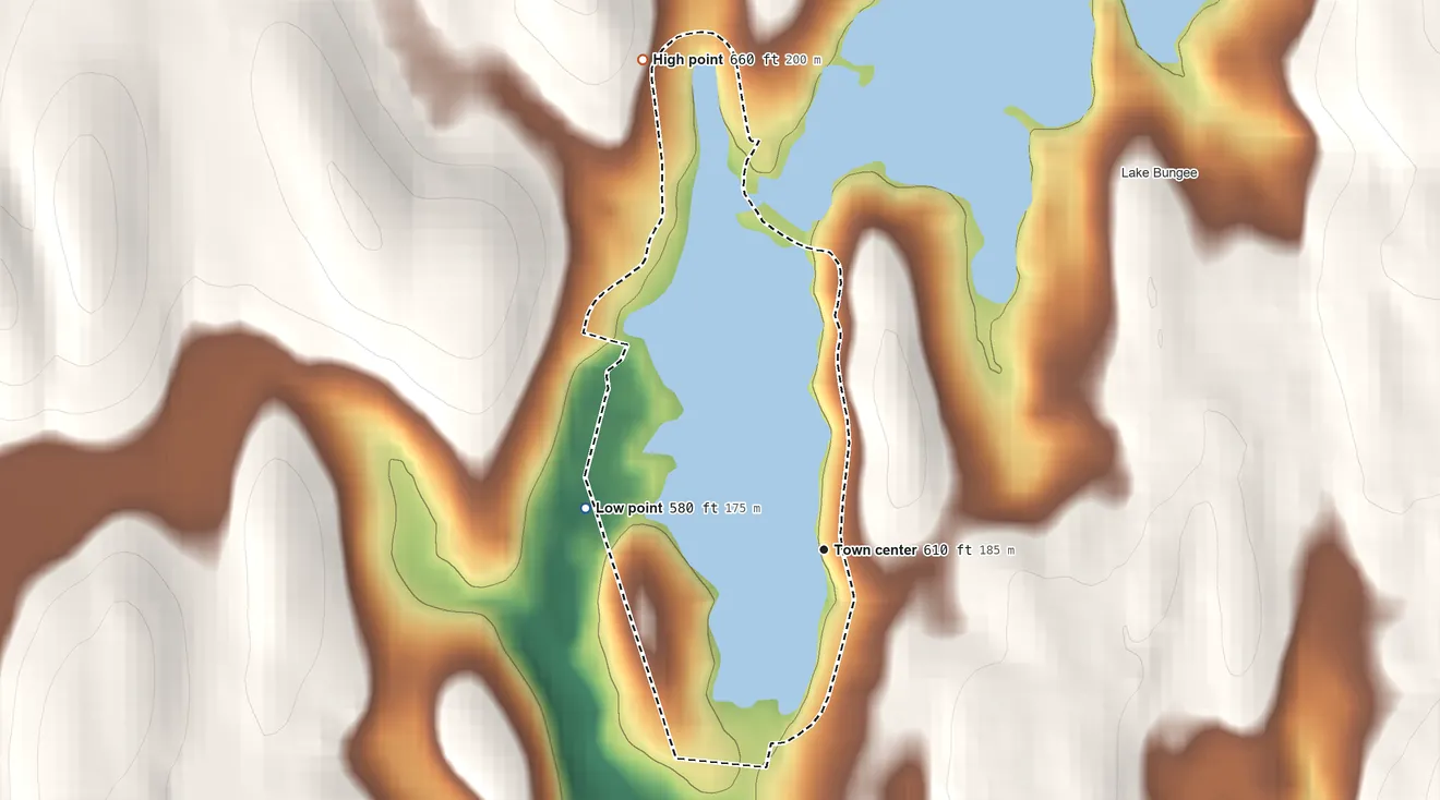 Topographic elevation map of Witches Woods, Connecticut, shaded from 580 ft on the west side to 660 ft on the north side