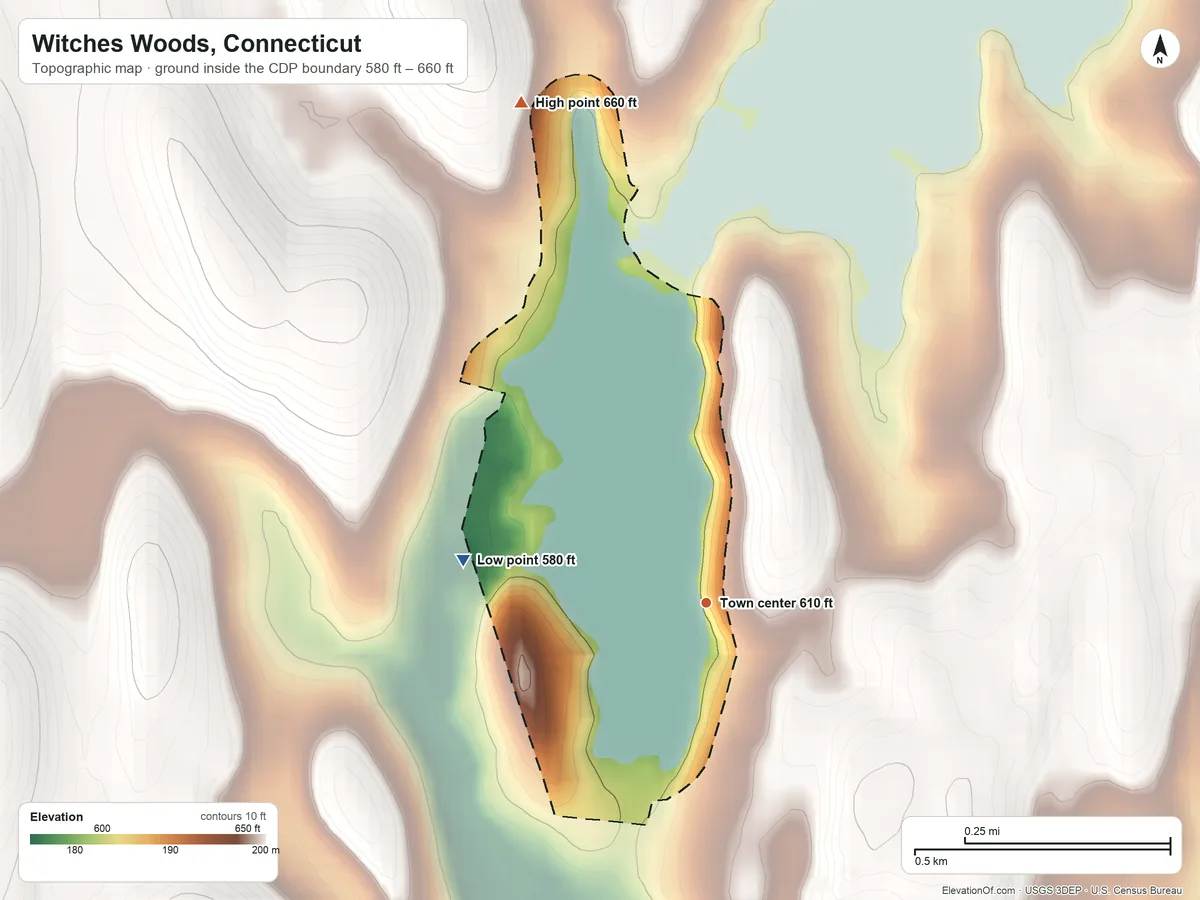 Topographic elevation map of Witches Woods, Connecticut, shaded from 580 ft on the west side to 660 ft on the north side