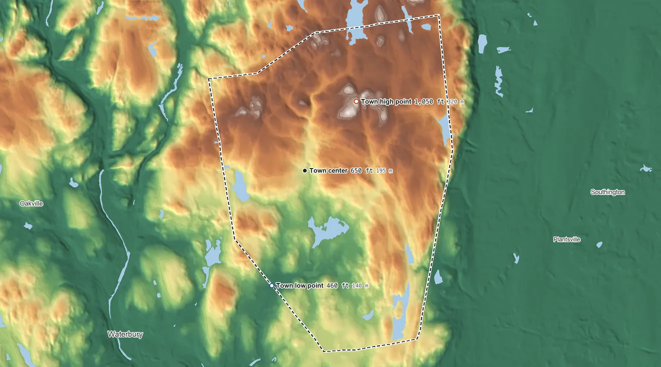 Topographic elevation map of Wolcott, Connecticut, shaded from 460 ft on the south side to 1,050 ft on Lindsley Hill