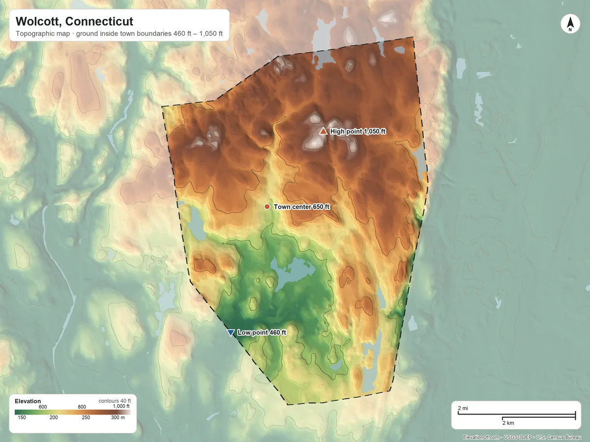 Topographic elevation map of Wolcott, Connecticut, shaded from 460 ft on the south side to 1,050 ft on Lindsley Hill