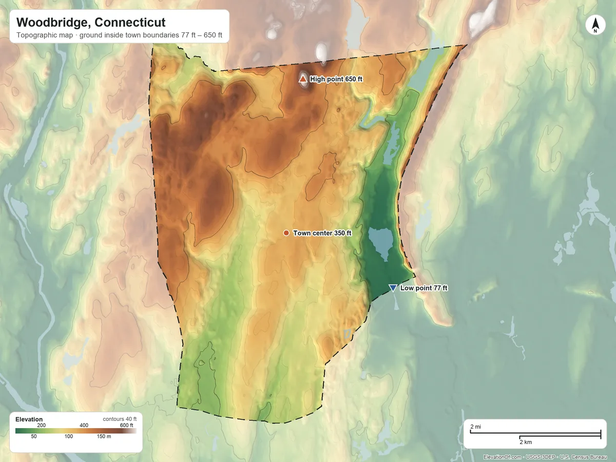 Topographic elevation map of Woodbridge, Connecticut, shaded from 77 ft on the southeast side to 650 ft on Round Hill