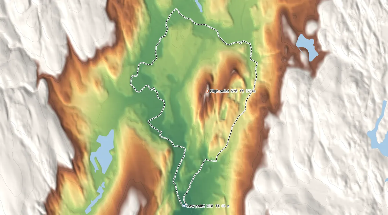 Topographic elevation map of Woodbury Center, Connecticut, shaded from 210 ft on the south side to 570 ft on Orenaug Hills