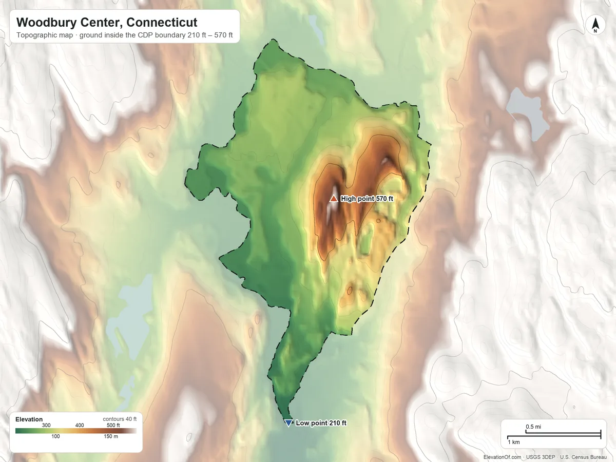 Topographic elevation map of Woodbury Center, Connecticut, shaded from 210 ft on the south side to 570 ft on Orenaug Hills