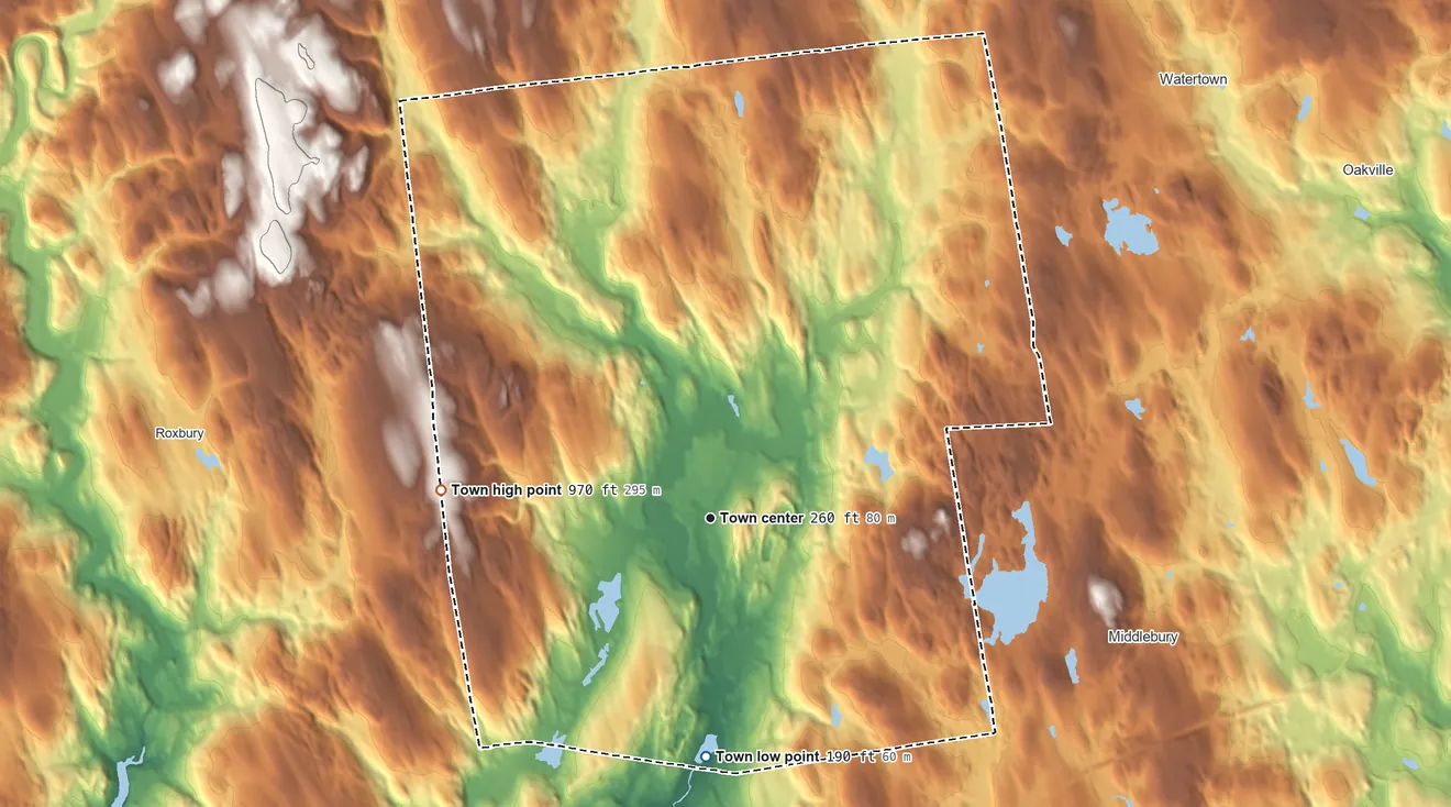 Topographic elevation map of Woodbury, Connecticut, shaded from 190 ft on the south side to 970 ft on the west side