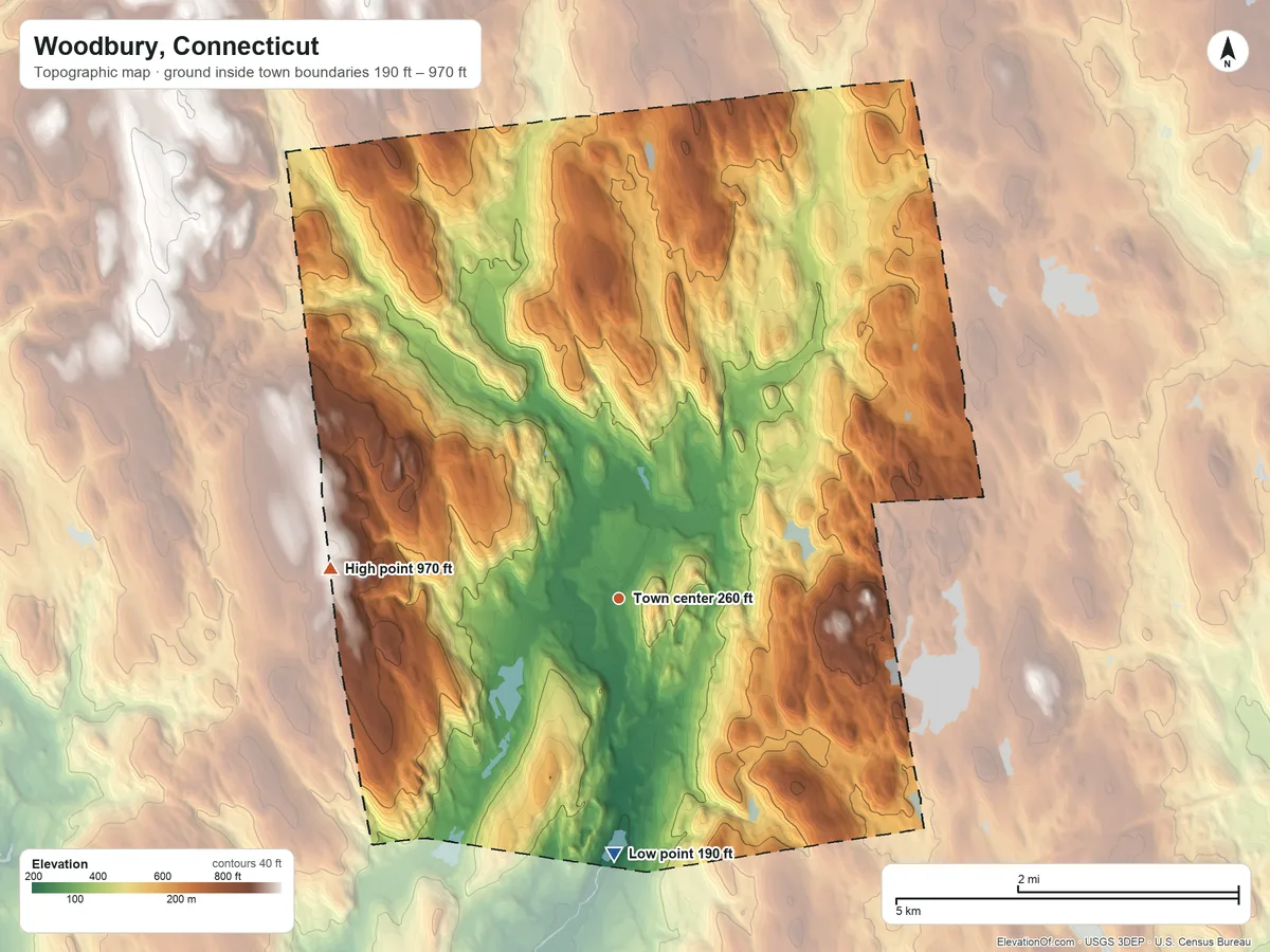 Topographic elevation map of Woodbury, Connecticut, shaded from 190 ft on the south side to 970 ft on the west side