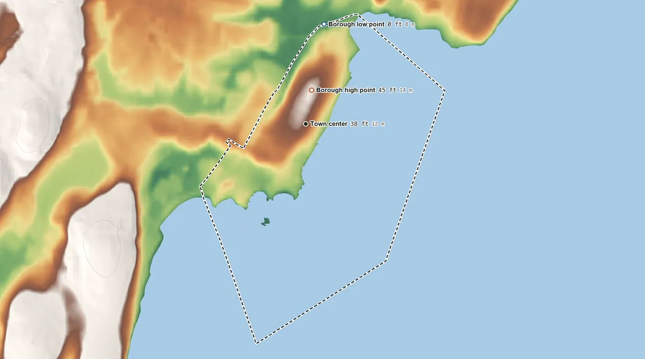 Topographic elevation map of Woodmont, Connecticut, shaded from sea level level on Long Island Sound to 45 ft near the middle